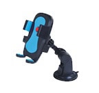 Car phone mount with adjustable clamp for secure hold.