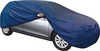 Car covered with a navy blue protective cover, shielding it from rain, snow, and dust.