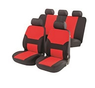 Set of four red and black car seat covers with headrests, designed for vehicle interior protection and style enhancement. Perfect for upgrading your car seats.