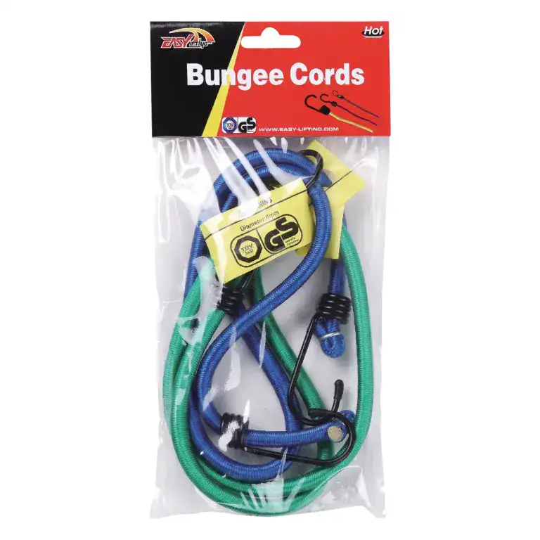 Durable blue and green bungee cords for fitness, exercise, and strength training, ideal for resistance workouts and physical therapy.