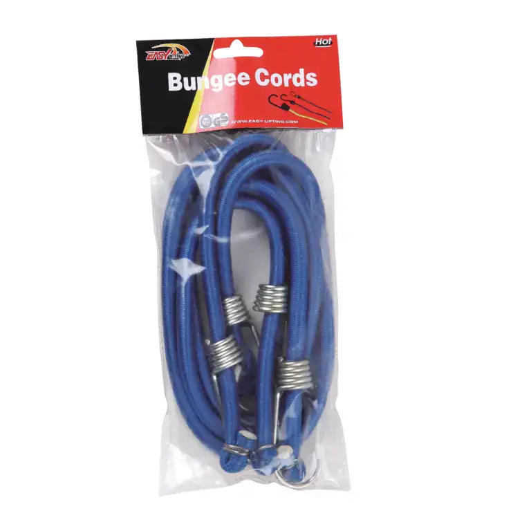 Blue bungee cords with metal hooks, ideal for lifting, securing, and tying down equipment or cargo in fitness, outdoor, or industrial applications.