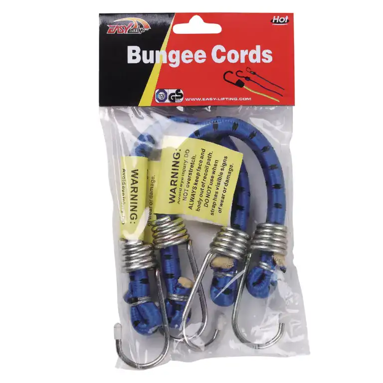 Durable blue bungee cords with metal hooks, ideal for fitness, camping, and outdoor activities, providing secure and flexible support for various applications.