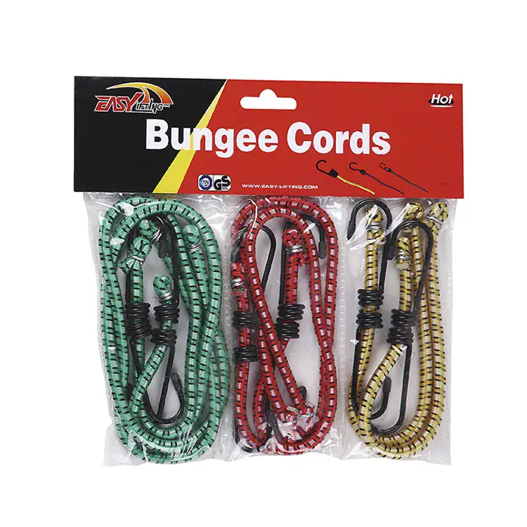 High-quality bungee cords in green, red, and yellow with hooks, ideal for fitness, camping, and outdoor gear. Durable elastic cords for secure and versatile use.