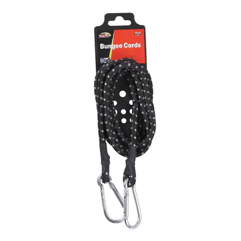 Durable black bungee cords with metal hooks for fitness, stretching, and strength training exercises. Perfect for gym workouts, outdoor activities, and resistance training.