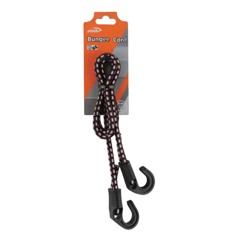 Durable bungee cord with hooks for strength training and fitness workouts.
