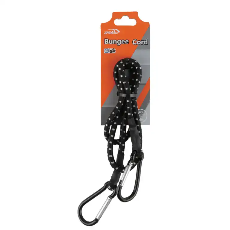 Durable bungee cord with metal hooks for lifting, securing, and tying down gear in fitness, outdoor, and industrial applications.