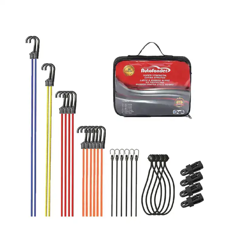 Resistance bands set for strength training, physical therapy, and fitness workouts, including multiple color-coded bands, handles, ankle straps, and a carrying case for portable exercise routines.