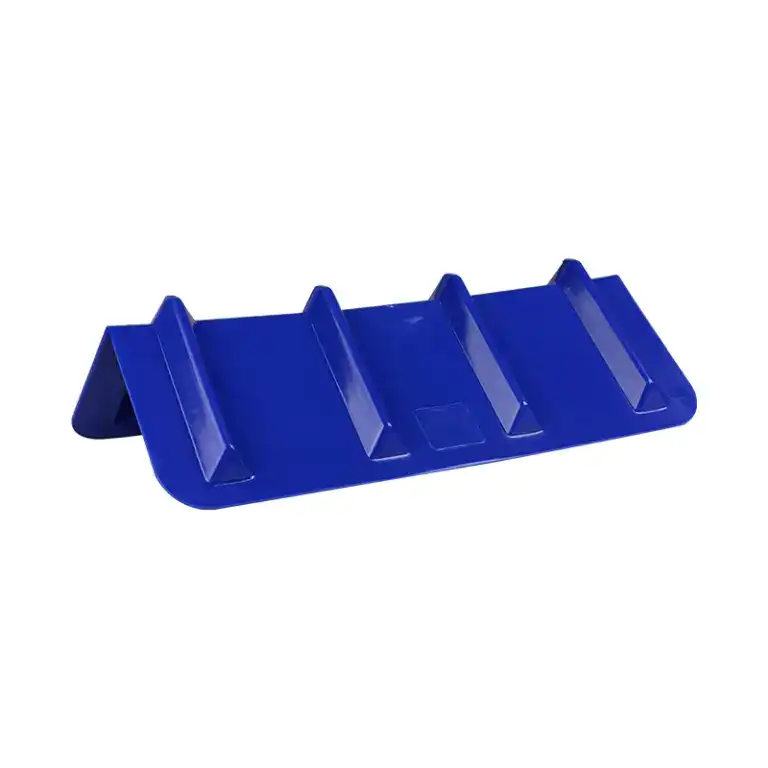 Blue plastic weight plate holder for organizing gym weights and plates. Ideal for fitness centers, home gyms, and weightlifting enthusiasts to keep weights secure and easily accessible.