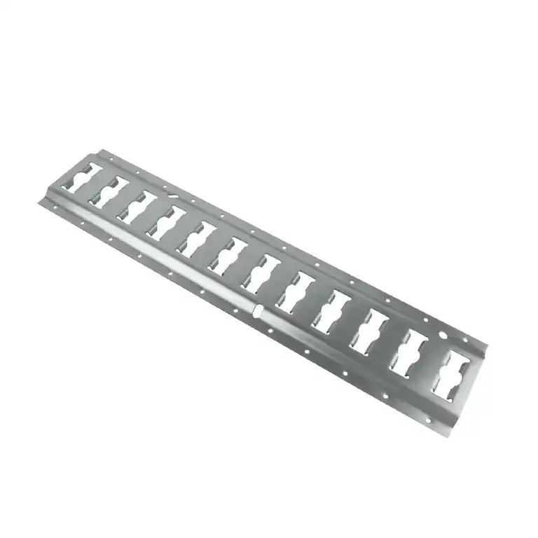 Cable management tray for organizing electrical cables in industrial or commercial settings, made of durable metal with multiple slots for easy cable routing.