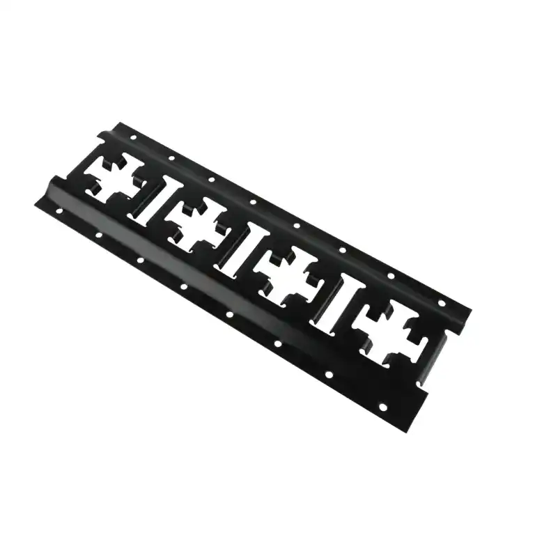 Black cable management rack for organizing electrical cables and wires in server rooms or workshops.