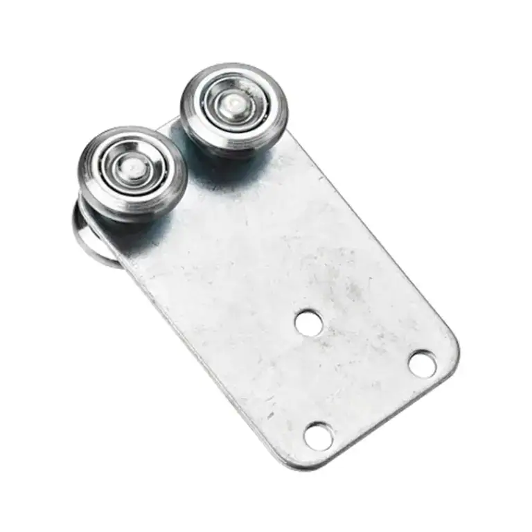 Metal sliding door roller with two wheels and mounting plate, ideal for gym and fitness equipment doors. Durable steel construction for smooth operation.