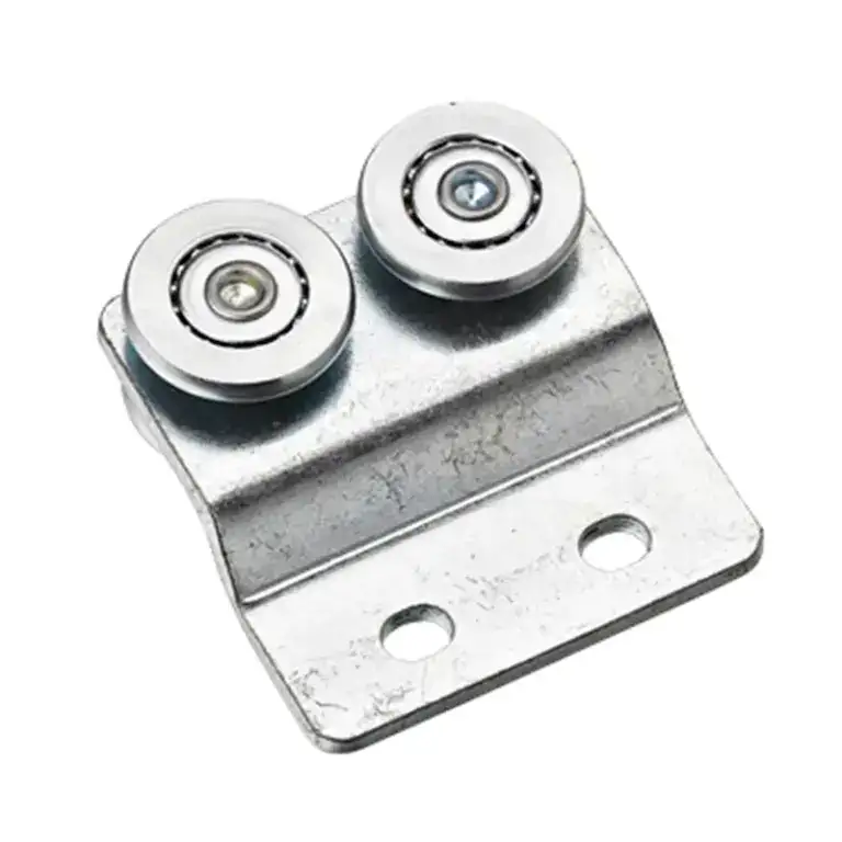 Sliding door roller with metal bracket and dual wheels for easy and quiet door movement. Ideal for residential and commercial sliding doors, ensuring durability and smooth functionality.
