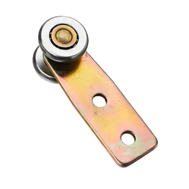 Close-up of a ball bearing with mounting bracket, used in fitness equipment for smooth rotation and durability.