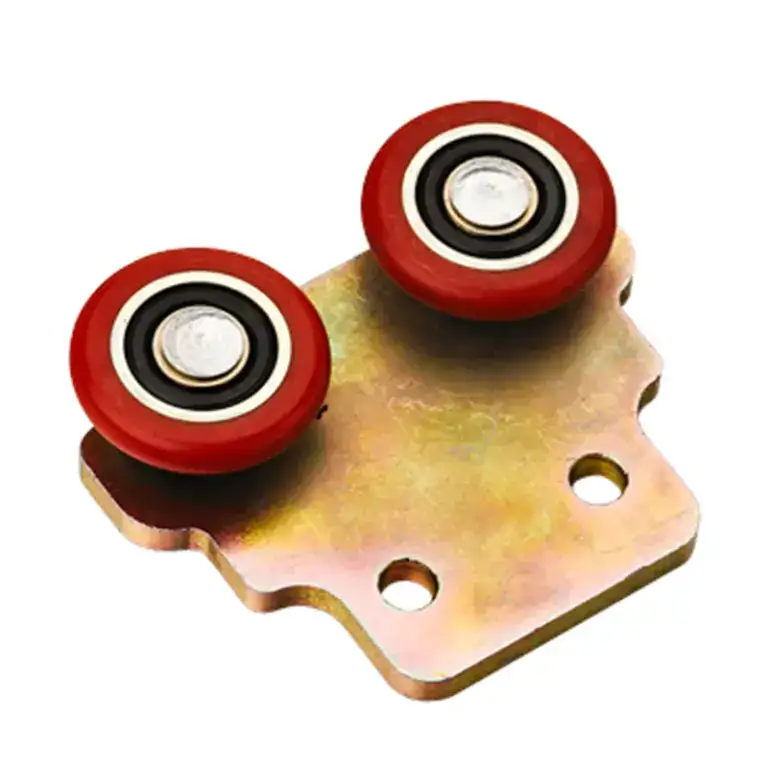 Heavy-duty wheel assembly with red rubber wheels and metal mounting plate, designed for lifting and industrial machinery.
