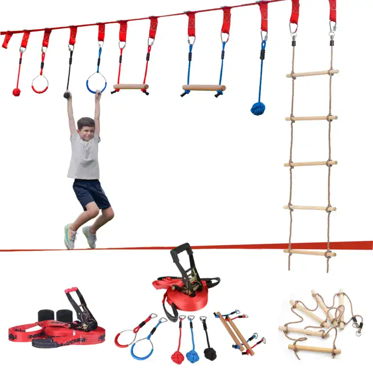 Child climbing on gym equipment with rings, ropes, and ladders in an indoor play area for children's fitness and fun.