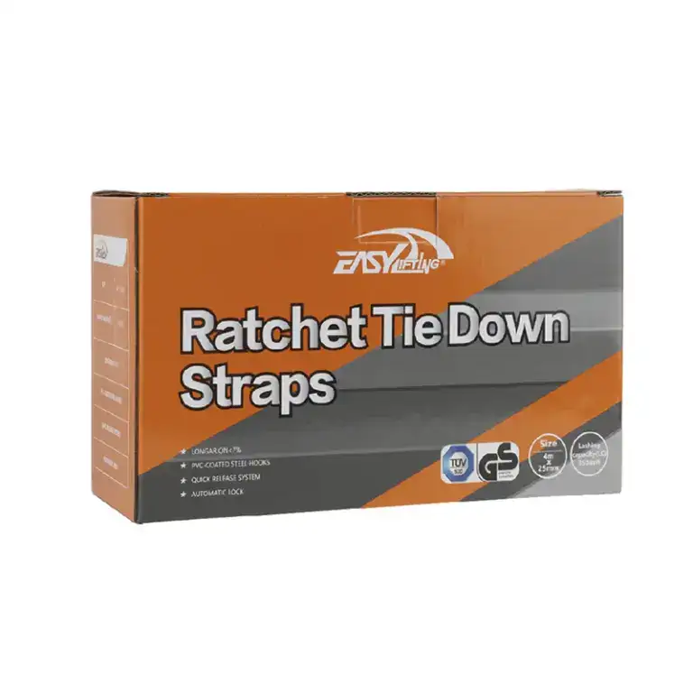 Heavy-duty ratchet tie down straps for secure lifting and cargo stabilization, featuring durable steel hooks and quick-release system for easy handling.