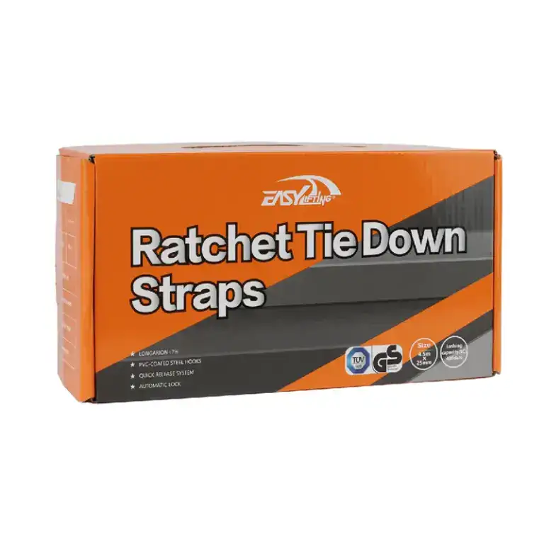 Orange and black ratchet tie down straps for lifting, securing cargo, and heavy-duty applications, featuring quick-release system and automatic lock.