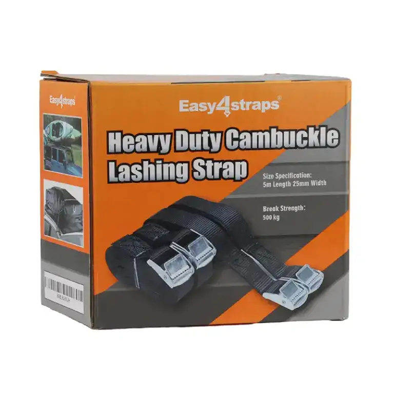 Heavy duty cam buckle lashing strap for securing cargo during transport, ideal for trucks, trailers, and shipping containers. Made of durable materials with a 500 kg break strength.