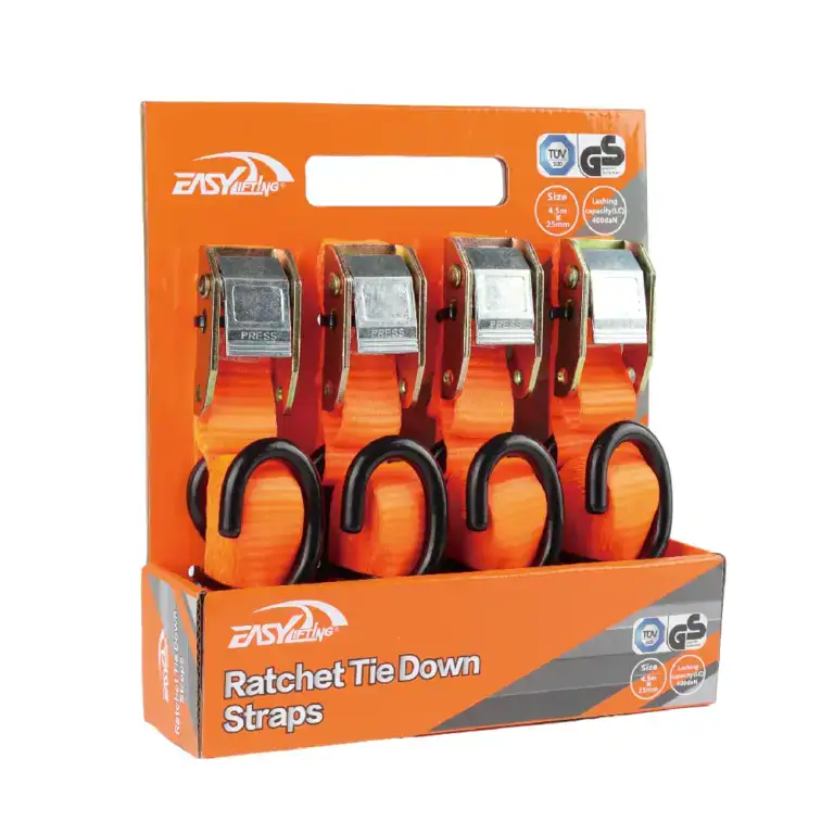 Heavy-duty ratchet tie down straps with orange webbing and metal hooks, ideal for securing loads during transportation and lifting applications.