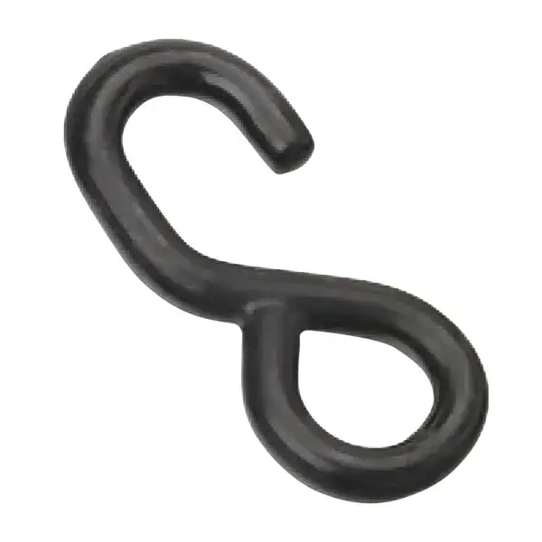A black metal chain link connector used in fitness and lifting applications, providing secure attachment points for weights, resistance bands, or other equipment.