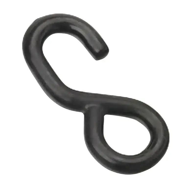 A black metal chain link connector used in fitness and lifting applications, providing secure attachment points for weights, resistance bands, or other equipment.