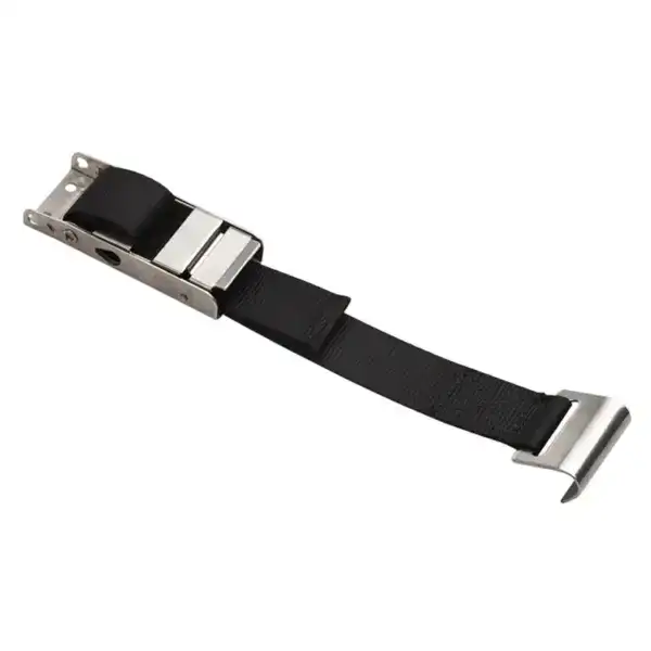 Heavy-duty lifting strap with metal buckle for secure lifting and transportation of industrial equipment. Designed for durability and safety in lifting applications.