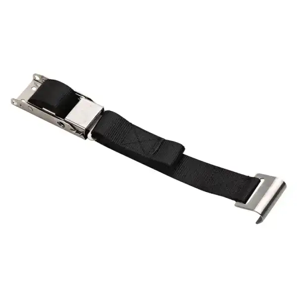 Lifting strap with metal buckle for secure weight lifting and industrial use.