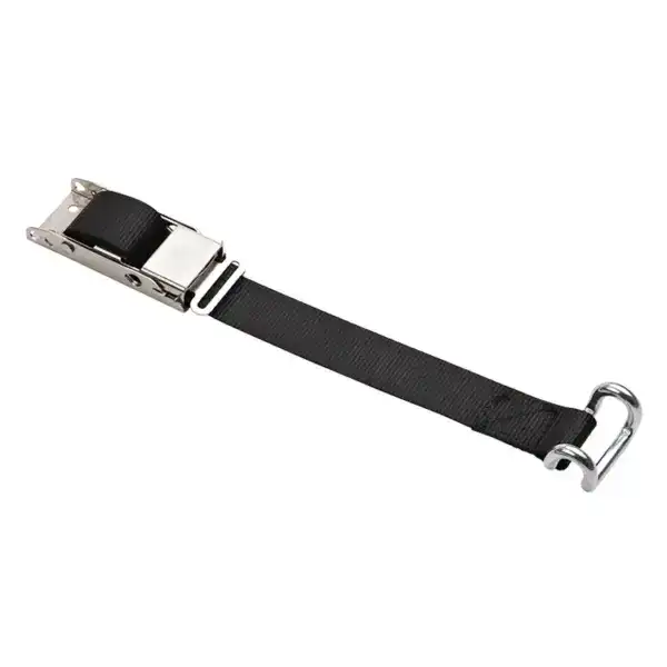 Heavy-duty lifting strap with metal hook for secure load handling.