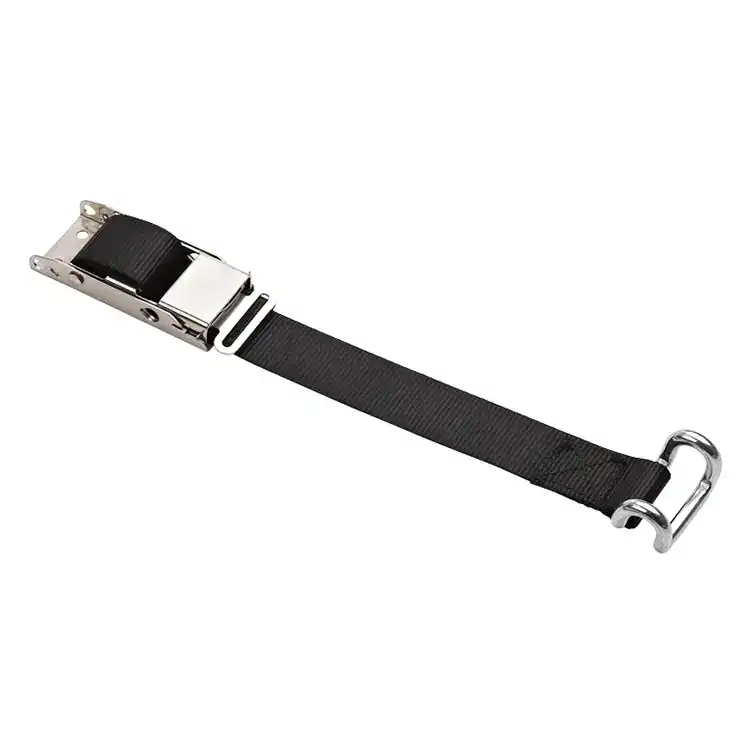 Heavy-duty lifting strap with metal hook for secure load handling.