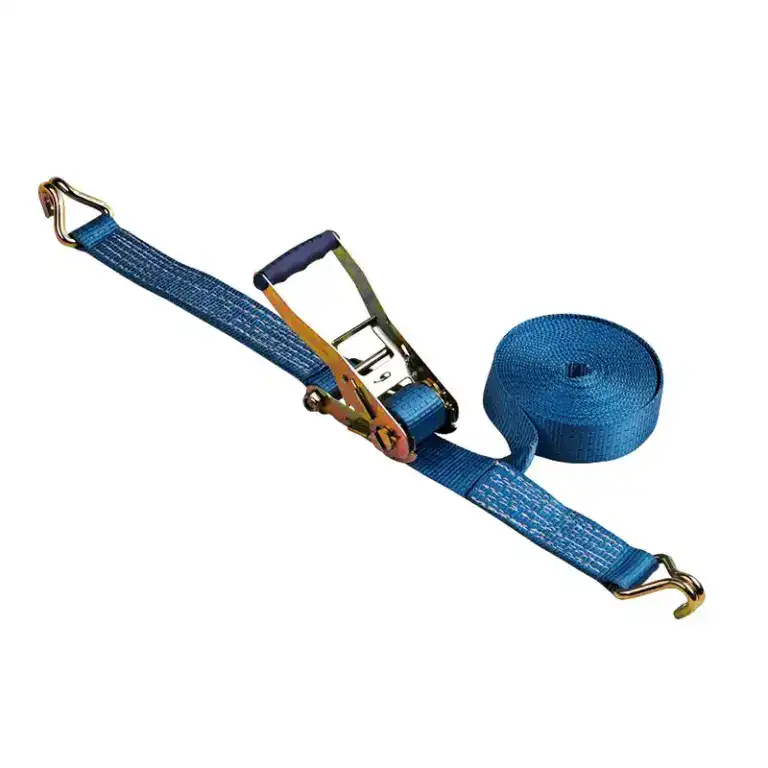 Secure cargo with a durable blue strap and ratchet mechanism for reliable transportation and storage. Ideal for trucks, trailers, and moving applications to prevent shifting and damage.