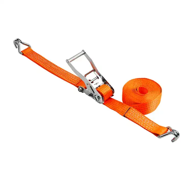 Secure cargo with an orange ratchet strap and metal hooks for reliable transportation.