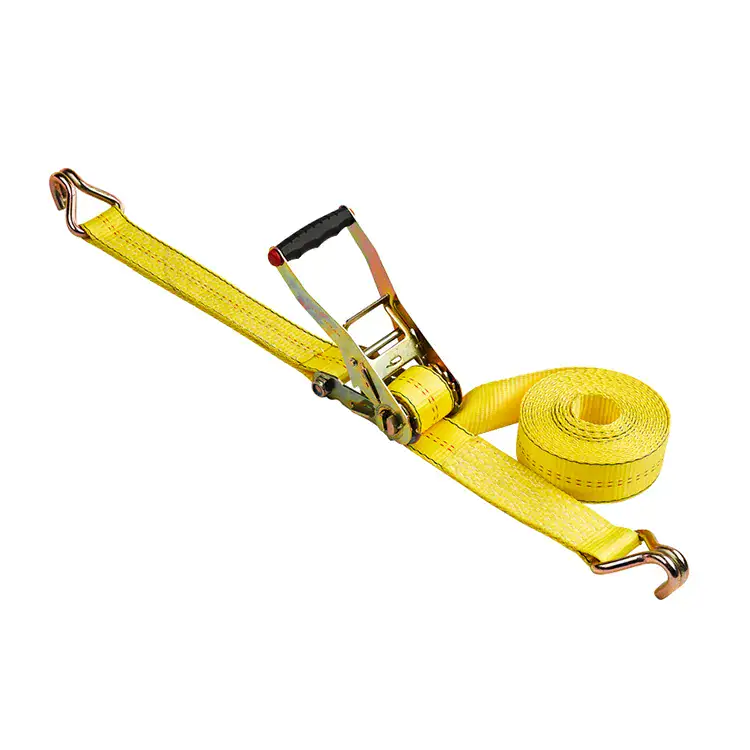 High-quality yellow tape measure and ratchet strap used for lifting, securing, and transporting heavy loads safely. Essential tools for construction, logistics, and industrial applications.