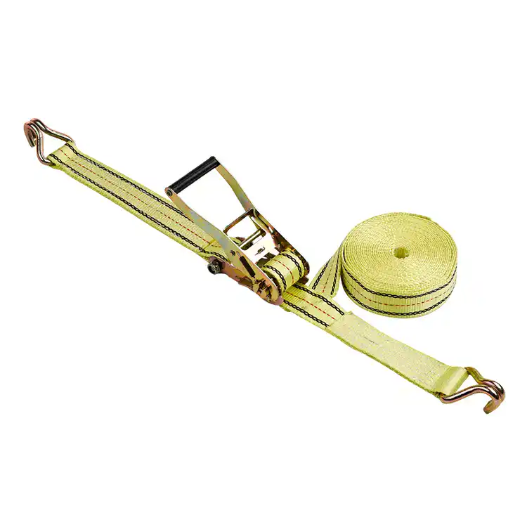 Durable yellow lifting strap with ratchet buckle, ideal for heavy lifting, cargo securing, and industrial applications.