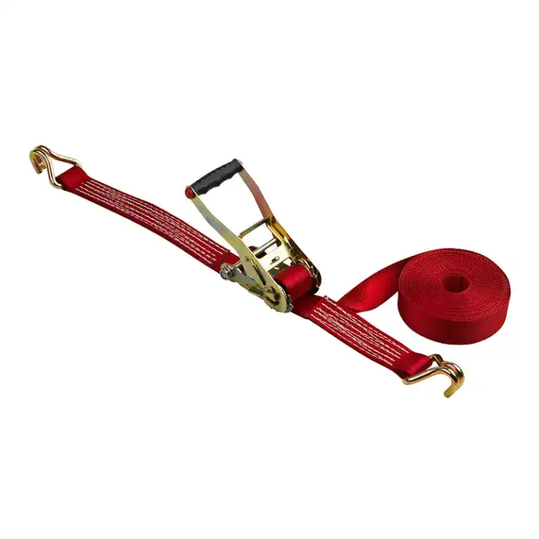 Heavy-duty ratchet strap with red webbing and metal hooks for secure cargo tie-downs and lifting applications.