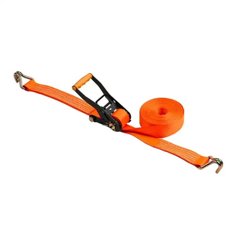 Heavy-duty orange strap tensioner for lifting, securing, and stabilizing cargo or equipment. Ideal for construction, transportation, and industrial applications requiring reliable load management.