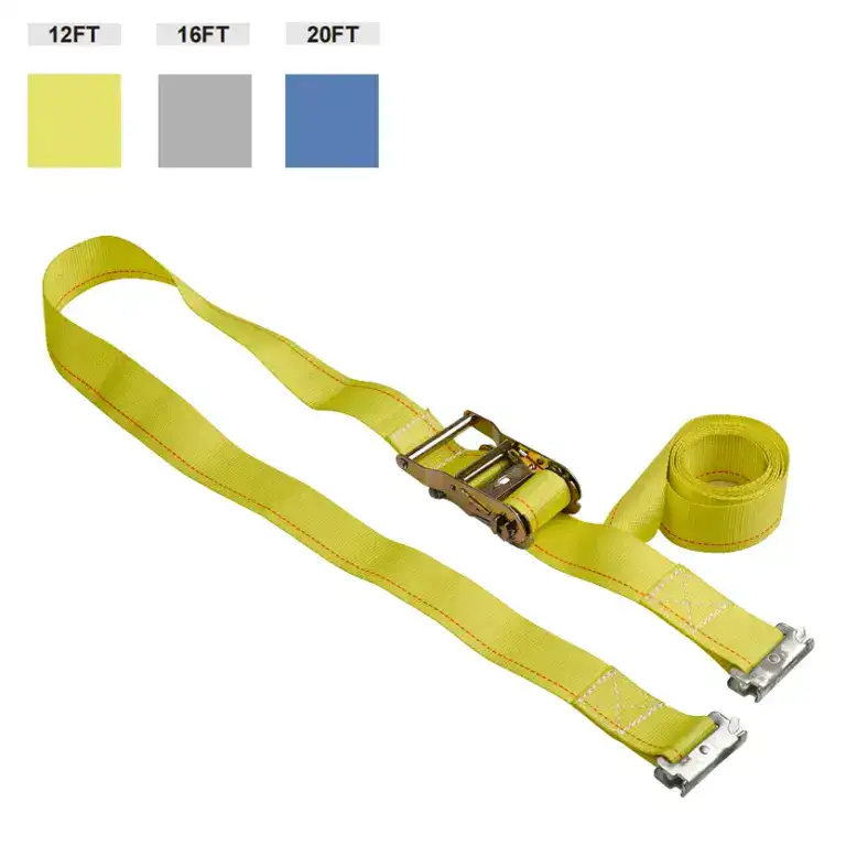 Heavy duty yellow lifting strap with metal buckle and hooks, ideal for construction, industrial lifting, and heavy equipment handling.
