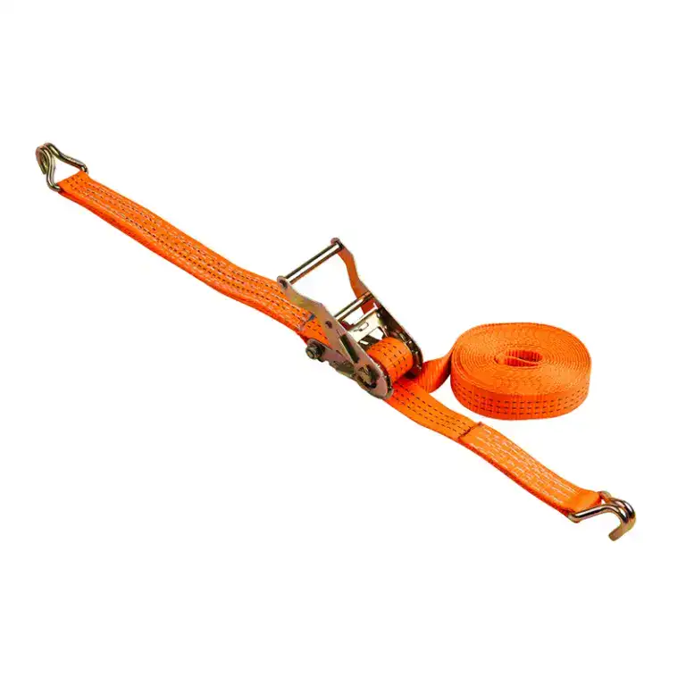 Heavy duty orange lifting strap with metal hooks and ratchet buckle for secure rigging and hoisting applications. Ideal for construction, industrial, and logistics use.