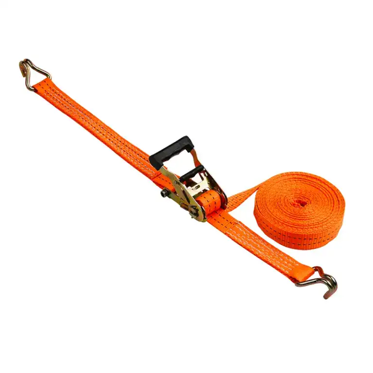 Heavy duty orange ratchet tie-down strap for secure cargo transportation and lifting applications. Durable, high-strength webbing with metal hooks and ratchet mechanism for reliable load securing.
