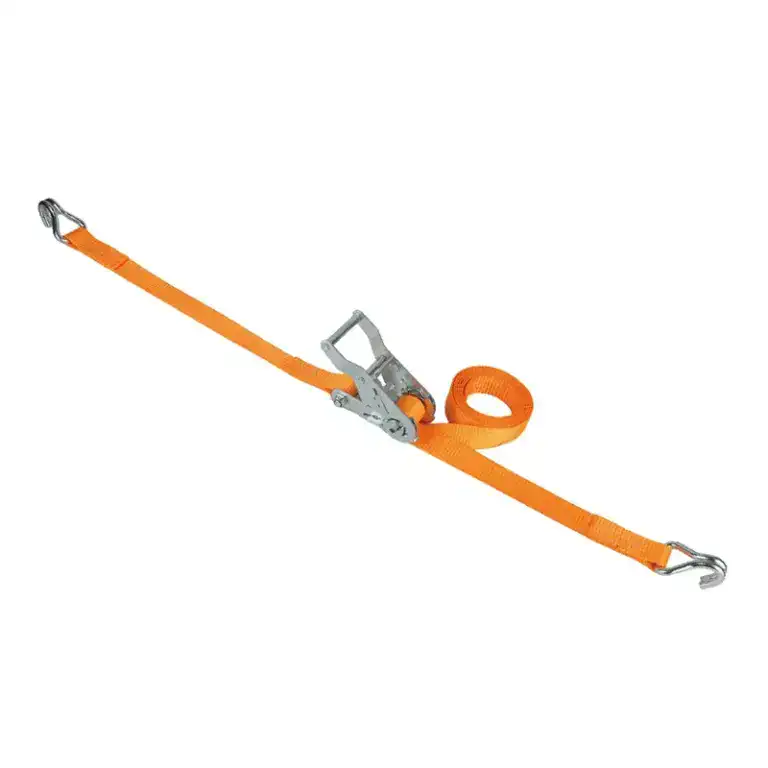 Heavy-duty orange lifting safety strap with metal hooks and ratchet mechanism for secure lifting and load stabilization. Ideal for industrial and construction applications.