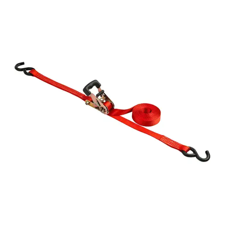 Secure cargo with a durable red ratchet strap featuring hooks on both ends and a locking mechanism for reliable load stabilization.