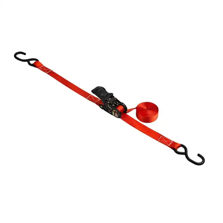 Durable red lifting strap with ratchet buckle and hooks, ideal for heavy lifting and industrial applications, ensuring safety and stability during load transportation and handling.