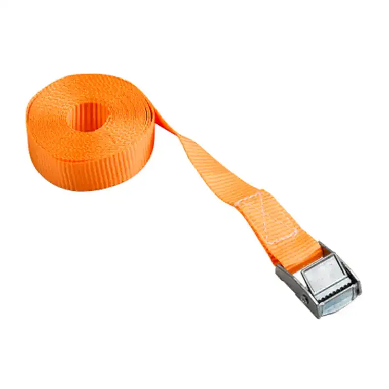 Orange stretch lifting strap with metal buckle, used for fitness, weightlifting, and strength training exercises.