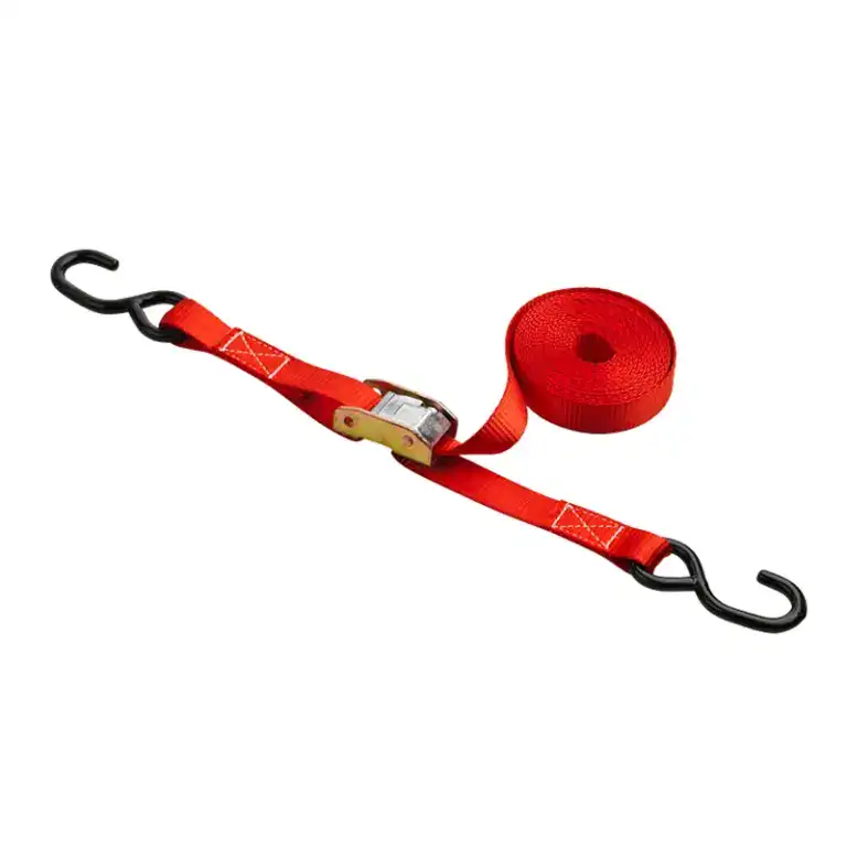Durable red lifting strap with metal hooks designed for safe and reliable load securing in industrial and construction settings.