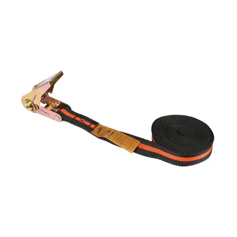 Durable ratchet strap with metal buckle and adjustable length for reliable cargo securing during transport.