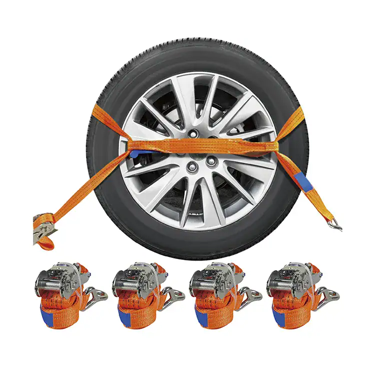 Secure car wheel with orange tie-down straps and ratchet straps for safe transport and handling. Ideal for automotive logistics, ensuring stability and safety during transit.