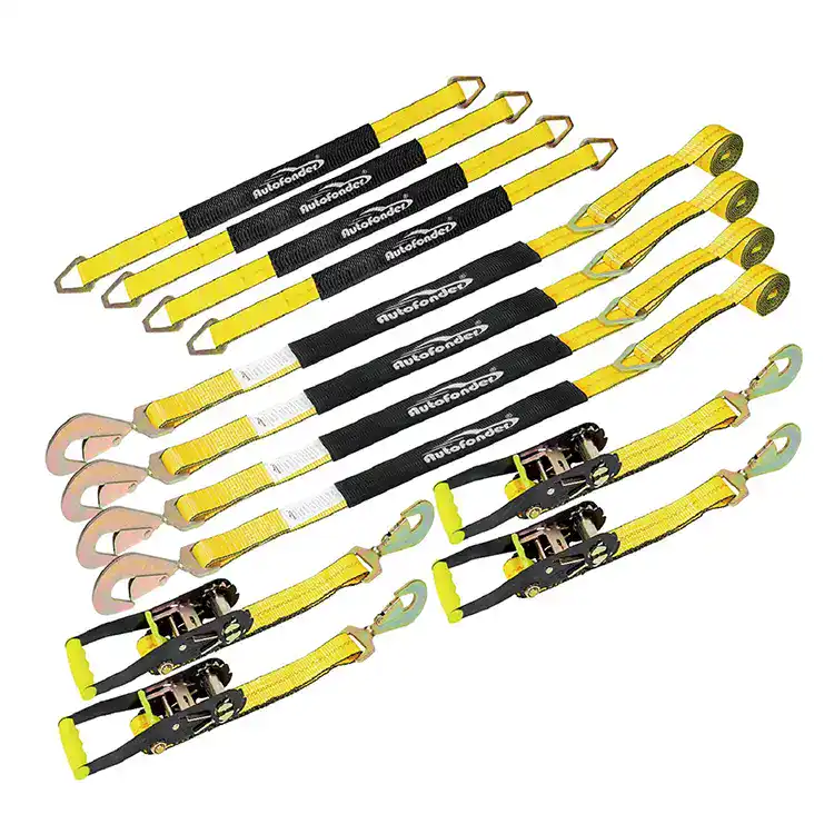 Fall protection lanyards with adjustable straps and hooks for safety at heights.