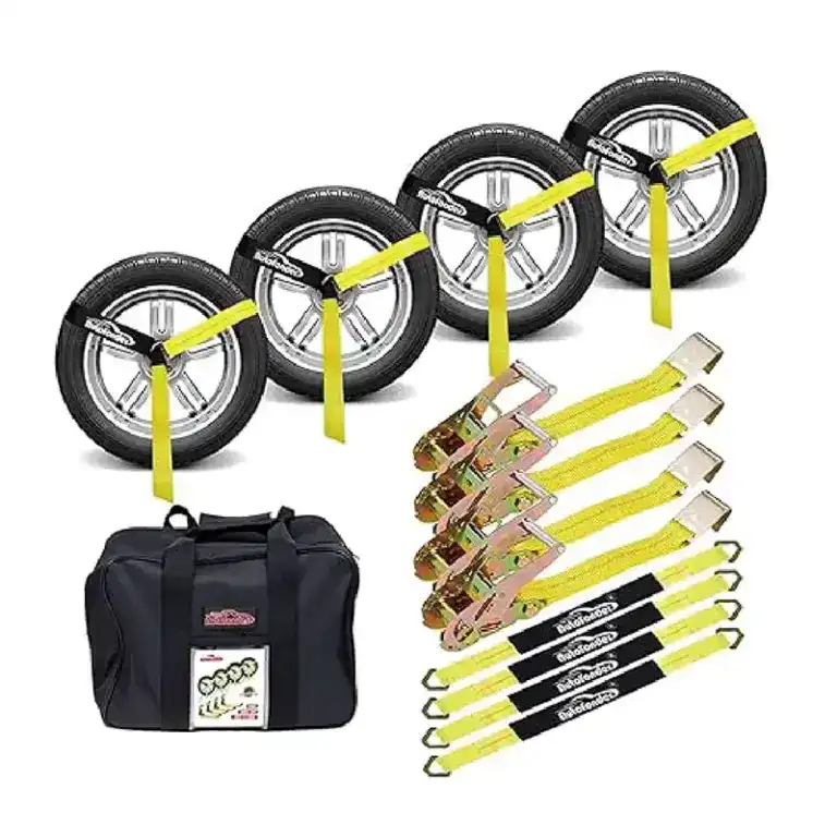 Set of four balance trainer wheels with yellow resistance bands, handles, and a black carrying bag for fitness and stability training.
