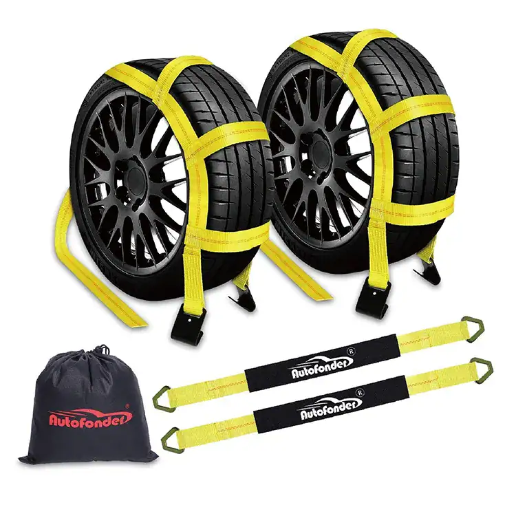 AutoFonder tire traction straps for off-road recovery, designed to provide extra grip on slippery surfaces. Includes durable straps, wheel chocks, and a convenient carry bag for easy transport and sto.