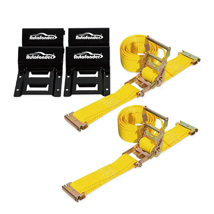 AutoFonder wheel restraint straps with mounting brackets for vehicle safety and theft prevention.