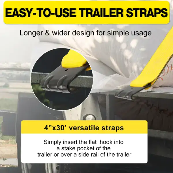 Trailer straps for secure cargo tie-down and lifting. Durable 4"x30' versatile straps with easy-to-use flat hook for quick attachment to trailer or side rail. Ideal for safe, reliable hauling.